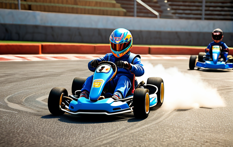 **A vibrant KartRider scene showcasing a player drifting skillfully around a corner in a customized kart. Highlight engine and handling parts. The background should feature a challenging map with a visible shortcut.**