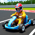 A cute kart with stable handling driving on a vibrant track.