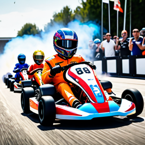 Home 9 **
"A dynamic KartRider team charging fiercely at the starting line, employing 'Rocket Start' strategy, one kart blazing ahead, teammates closely behind, creating intense pressure, vibrant colors, speed lines, and cheering spectators in the background."
**