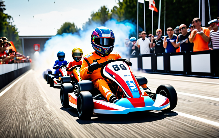 **
"A dynamic KartRider team charging fiercely at the starting line, employing 'Rocket Start' strategy, one kart blazing ahead, teammates closely behind, creating intense pressure, vibrant colors, speed lines, and cheering spectators in the background."
**