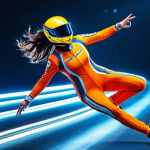 A professional, stylish female racer, fully clothed in a newly designed, vibrant racing suit with intricate details and luminous accents. The costume features flowing fabric that suggests motion, with subtle sparkling effects. She is captured in a dynamic pose on a stylized, futuristic race track under bright, studio-quality lighting, conveying a sense of speed and elegance. The image emphasizes the artistic craftsmanship of the attire. perfect anatomy, correct proportions, natural pose, well-formed hands, proper finger count, natural body proportions, high-quality, ultra-detailed, professional photography, safe for work, appropriate content, modest, family-friendly.