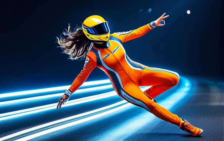 A professional, stylish female racer, fully clothed in a newly designed, vibrant racing suit with intricate details and luminous accents. The costume features flowing fabric that suggests motion, with subtle sparkling effects. She is captured in a dynamic pose on a stylized, futuristic race track under bright, studio-quality lighting, conveying a sense of speed and elegance. The image emphasizes the artistic craftsmanship of the attire. perfect anatomy, correct proportions, natural pose, well-formed hands, proper finger count, natural body proportions, high-quality, ultra-detailed, professional photography, safe for work, appropriate content, modest, family-friendly.