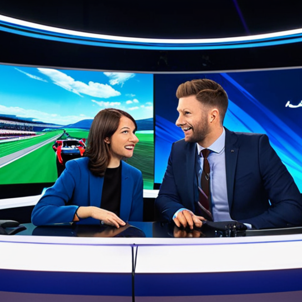Two professional esports commentators, one male and one female, fully clothed in modest, professional attire (blazers, shirts), actively engaged in a lively discussion. They are seated at a modern broadcast desk, speaking into high-quality studio microphones. In the background, large, curved display screens show vibrant, abstract racing game footage, with subtle on-screen graphics. The studio features sleek, futuristic lighting and a professional ambiance. Their expressions are enthusiastic and their gestures are natural, conveying passion and expertise. Perfect anatomy, correct proportions, well-formed hands, proper finger count, natural body proportions, natural pose, professional photography, high-definition, safe for work, appropriate content, fully clothed, family-friendly.
