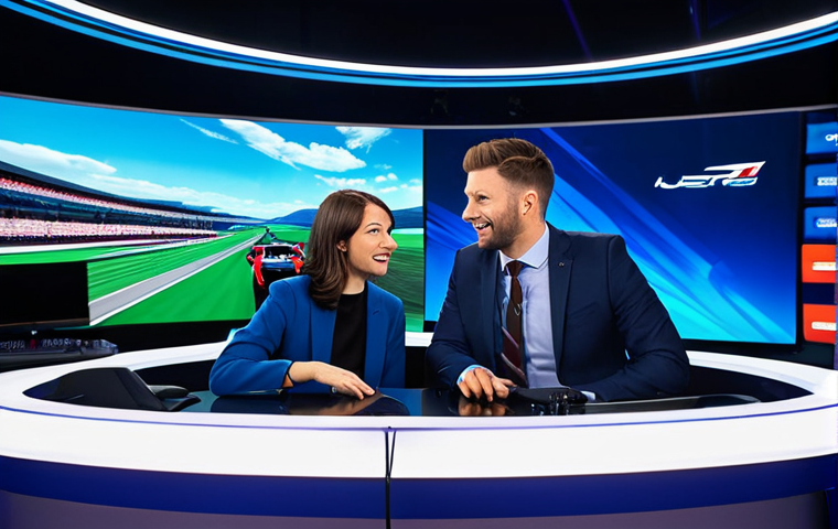 Two professional esports commentators, one male and one female, fully clothed in modest, professional attire (blazers, shirts), actively engaged in a lively discussion. They are seated at a modern broadcast desk, speaking into high-quality studio microphones. In the background, large, curved display screens show vibrant, abstract racing game footage, with subtle on-screen graphics. The studio features sleek, futuristic lighting and a professional ambiance. Their expressions are enthusiastic and their gestures are natural, conveying passion and expertise. Perfect anatomy, correct proportions, well-formed hands, proper finger count, natural body proportions, natural pose, professional photography, high-definition, safe for work, appropriate content, fully clothed, family-friendly.