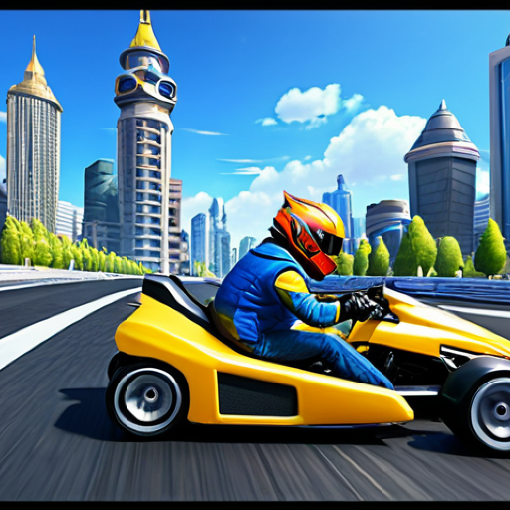 Remastered KartRider Nostalgia**

"A vibrant scene of KartRider characters racing on a newly updated track with a futuristic city skyline in the background, showcasing enhanced graphics, fully clothed racers in appropriate attire, safe for work, perfect anatomy, correct proportions, professional digital painting, high quality, family-friendly."

**