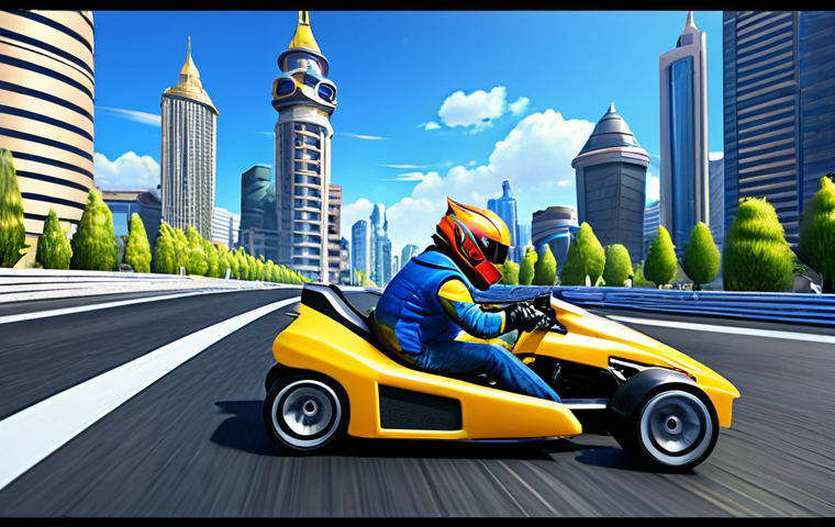 Remastered KartRider Nostalgia**
"A vibrant scene of KartRider characters racing on a newly updated track with a futuristic city skyline in the background, showcasing enhanced graphics, fully clothed racers in appropriate attire, safe for work, perfect anatomy, correct proportions, professional digital painting, high quality, family-friendly."
**