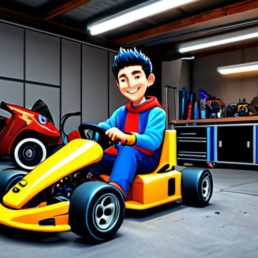Custom Kart Design**
A fully clothed cartoon character customizing their kart in a bright, colorful garage. The kart is partially disassembled, with various parts scattered around. The character is holding a wrench and smiling. Art style reminiscent of anime with vibrant colors and dynamic lighting. Safe for work, appropriate content, professional, family-friendly, perfect anatomy, natural proportions, well-formed hands, proper finger count.
**