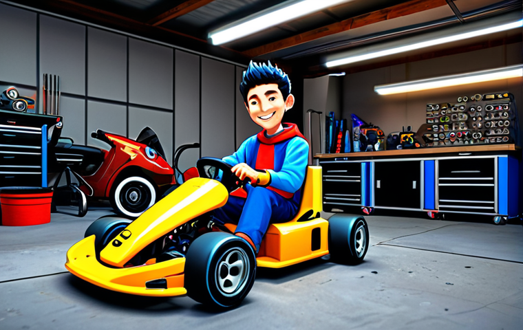 Custom Kart Design**

A fully clothed cartoon character customizing their kart in a bright, colorful garage. The kart is partially disassembled, with various parts scattered around. The character is holding a wrench and smiling. Art style reminiscent of anime with vibrant colors and dynamic lighting. Safe for work, appropriate content, professional, family-friendly, perfect anatomy, natural proportions, well-formed hands, proper finger count.

**