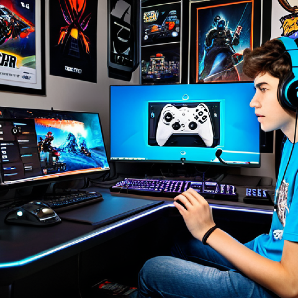 **
A young, determined gamer in a brightly lit, modern gaming room. He is focused on his screen, fingers flying across the keyboard. He's surrounded by gaming equipment, posters, and energy drink cans. Fully clothed in casual attire, possibly a KartRider themed t-shirt. Safe for work, appropriate content, family-friendly, perfect anatomy, natural proportions, digital illustration.
**
