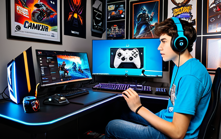 **
A young, determined gamer in a brightly lit, modern gaming room. He is focused on his screen, fingers flying across the keyboard. He's surrounded by gaming equipment, posters, and energy drink cans. Fully clothed in casual attire, possibly a KartRider themed t-shirt. Safe for work, appropriate content, family-friendly, perfect anatomy, natural proportions, digital illustration.
**
