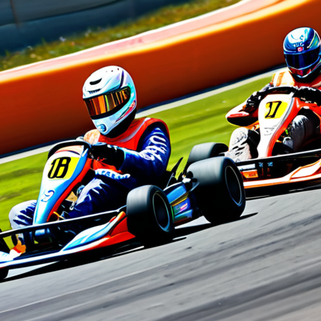 Strategic Teamwork - Cornering Maneuver**

"Two fully clothed KartRider racers, side-by-side, navigating a tight corner on a vibrant race track, one kart slightly ahead, demonstrating coordinated line management, appropriate attire, safe for work, perfect anatomy, correct proportions, dynamic action shot, professional illustration, bright colors, family-friendly."

**