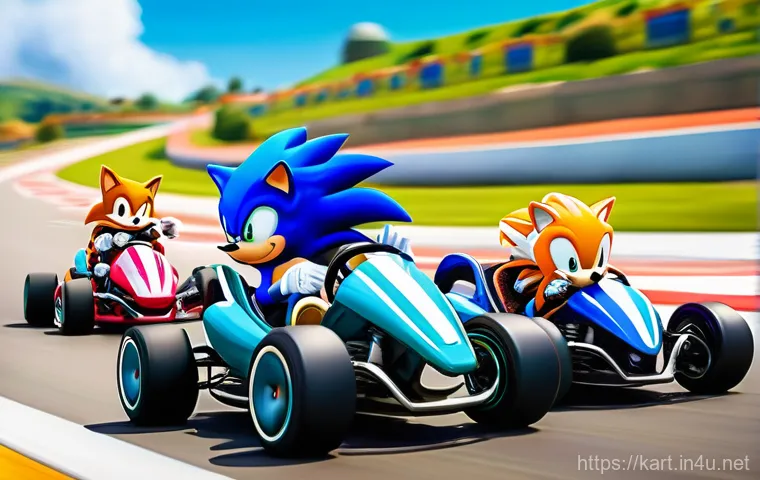 카트라이더 팬아트 이벤트의 모든 것 - **Sonic and KartRider Crossover Race:** A vibrant, high-energy illustration depicting Sonic the Hedg...