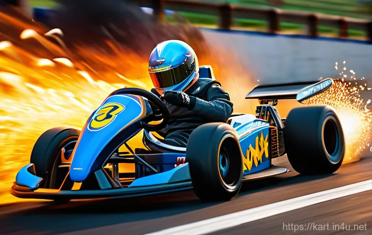 카트라이더 팀플레이 전략 모음 - A heroic KartRider character, clad in a sleek racing suit and helmet, is intentionally positioned be...