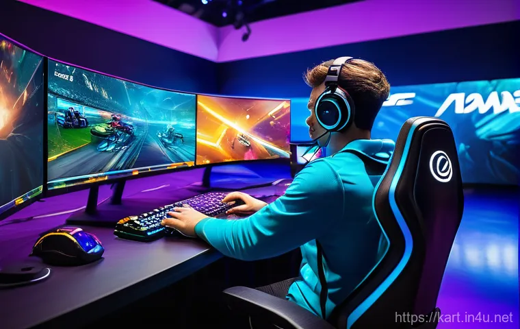 카트라이더 프로 리그 예고 - A legendary KartRider: Drift professional gamer, resembling a seasoned veteran, intensely focused on...