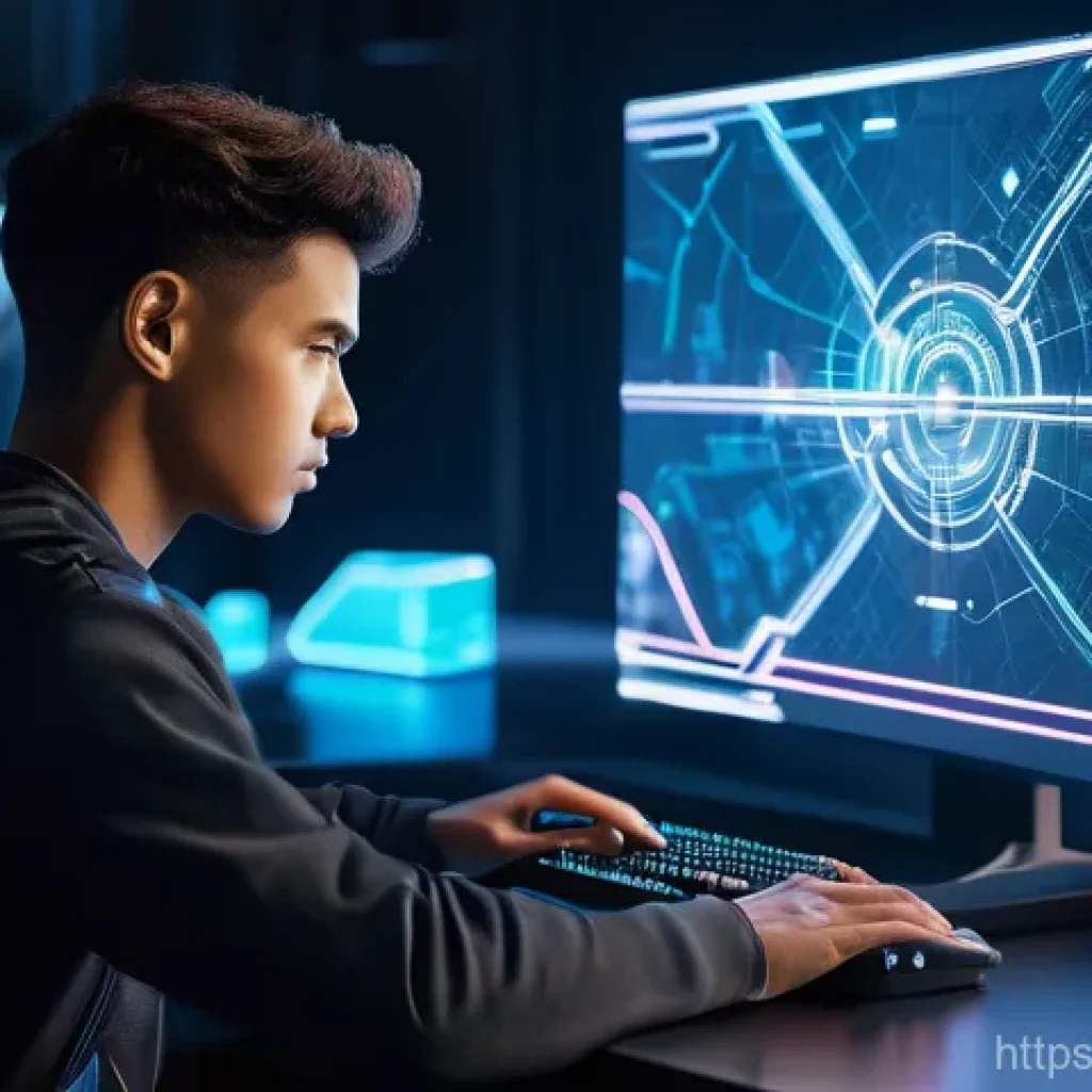 카트라이더 트랙 익스플로러 - A focused young adult, dressed in comfortable, casual gaming attire, sits at a desk, intently studyi...