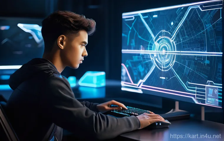 카트라이더 트랙 익스플로러 - A focused young adult, dressed in comfortable, casual gaming attire, sits at a desk, intently studyi...