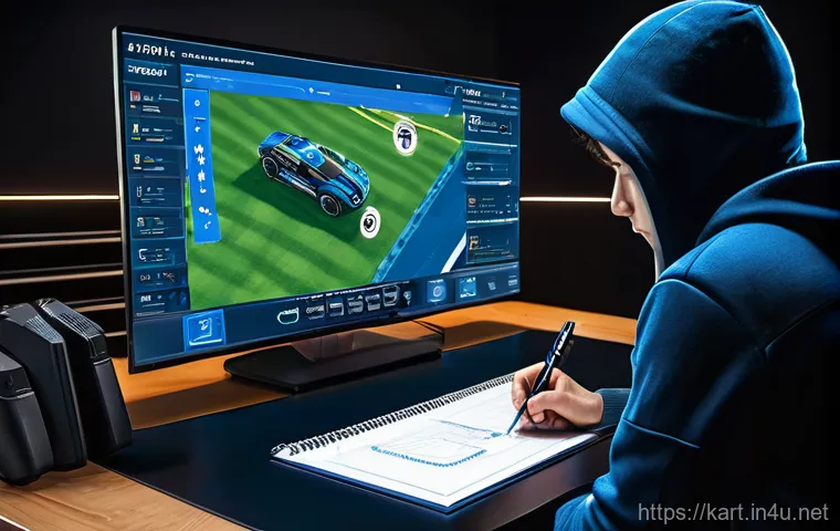 카트라이더 트랙 익스플로러 - A dynamic, high-speed shot of a colorful KartRider-style racing kart mid-air, perfectly executing a ...