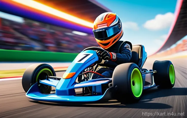 카트라이더 초보 유저의 게임 공략 사례 - A vibrant and energetic kart racing scene, reminiscent of KartRider, with a focus on a dynamic drift...