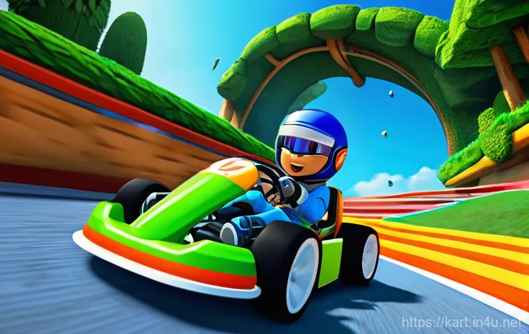 카트라이더 초보 유저의 게임 공략 사례 - A vibrant and energetic kart racing scene, reminiscent of KartRider, with a focus on a dynamic drift...