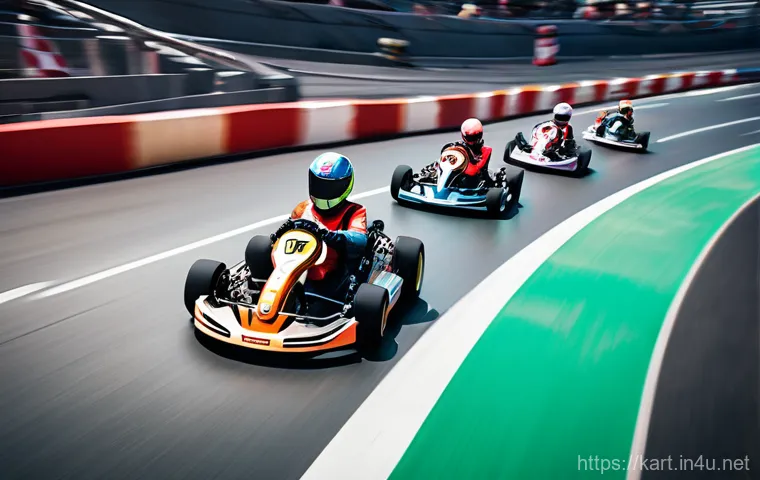 카트라이더 팀원 협력 기술 - **Dynamic Start Line Chaos with Team Lead:** An exhilarating aerial shot capturing a team of four di...