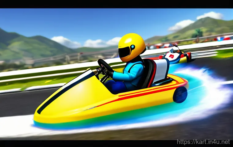 카트라이더 팀원 협력 기술 - **Dynamic Start Line Chaos with Team Lead:** An exhilarating aerial shot capturing a team of four di...