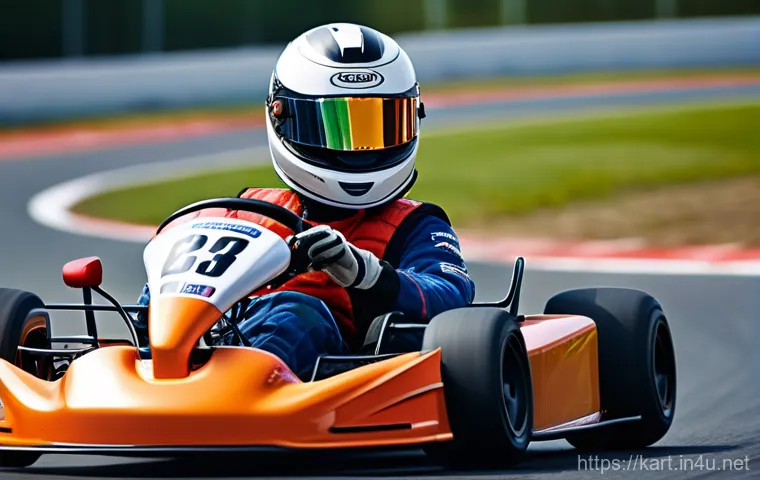 카트라이더 최고 랭커 비법 - A dynamic, close-up shot of a male kart racer, "Park," wearing a sleek racing suit and helmet, exper...