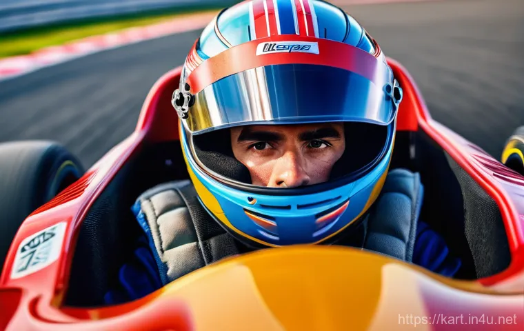 카트라이더 최고 랭커 비법 - A dynamic, close-up shot of a male kart racer, "Park," wearing a sleek racing suit and helmet, exper...
