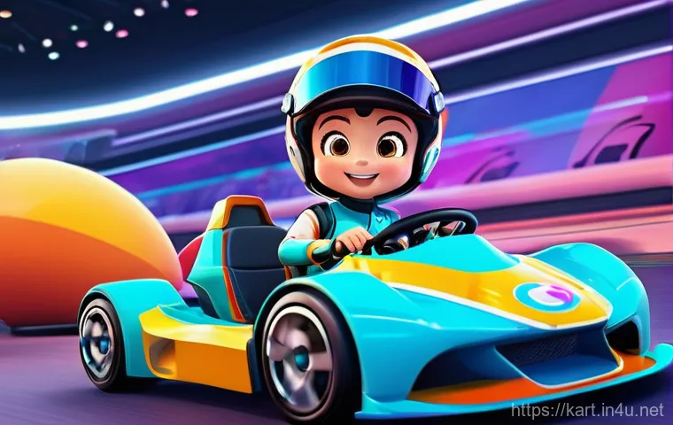 카트라이더 신규 유저의 아이템 활용법 - A vibrant, cheerful anime-style character, appearing as a new racer with a friendly smile, stands in...