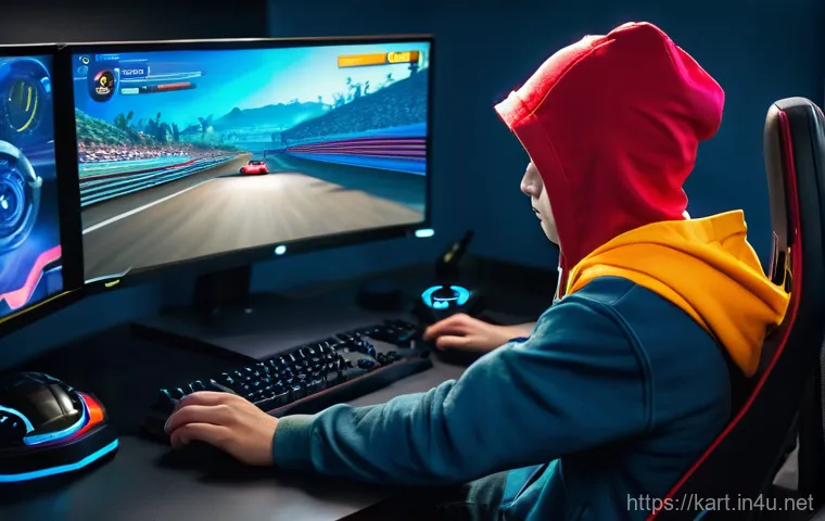 카트라이더 공략 커뮤니티 사이트 - **Image Prompt 1: Intense Drifting Lesson from the Community**
A focused young male gamer, in hi...