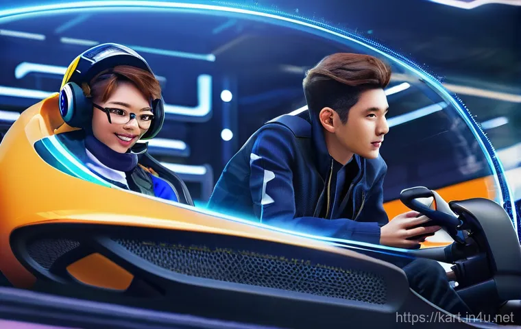 카트라이더 공략 커뮤니티 사이트 - **Image Prompt 2: Mobile KartRider Rush Plus Collaboration Fun with Friends**
    A group of three d...