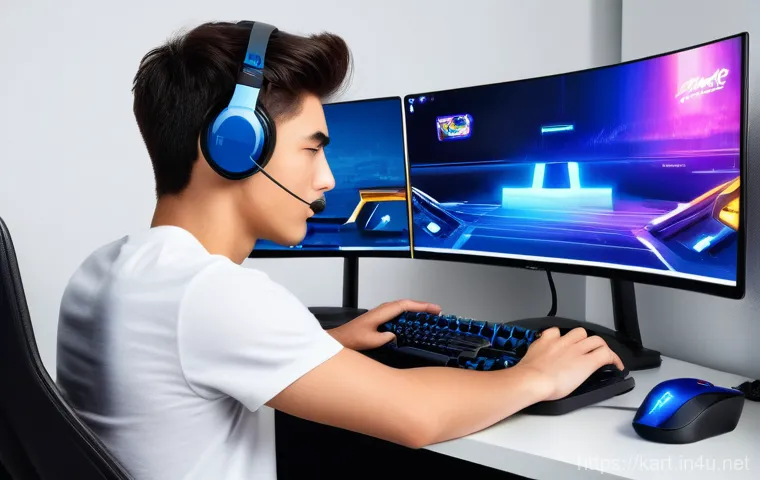 카트라이더 사용자 정의 설정 - A focused young adult gamer, wearing a comfortable t-shirt, is meticulously adjusting game settings ...
