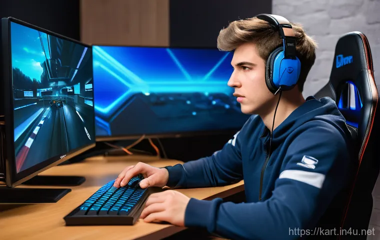 카트라이더 드리프트 코칭 프로그램 - **Image Prompt 1: Focused Individual Coaching Session**
A young male gamer, in his late teens or...