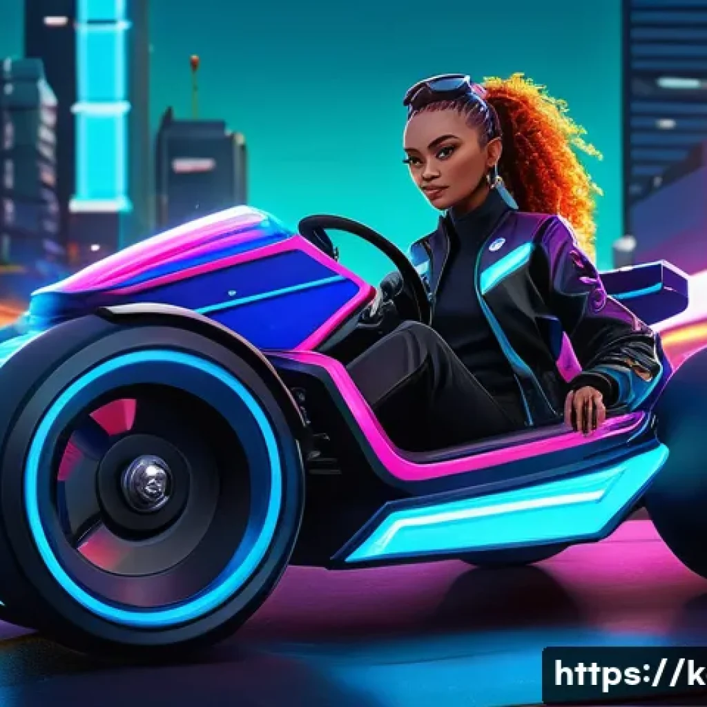 카트라이더 팬아트와 드리프트 조언 - A vibrant digital illustration of the KartRider character Dizini, confidently posing with her futuri...