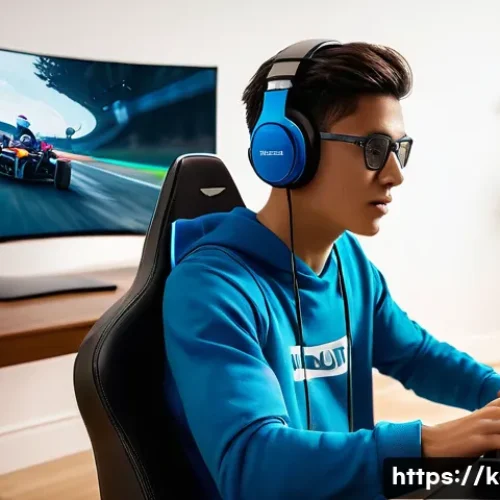 Home 32 카트라이더 레이싱 팁 영상 - A focused young racer, fully clothed and wearing a gaming headset, sits in front of a large monitor,...