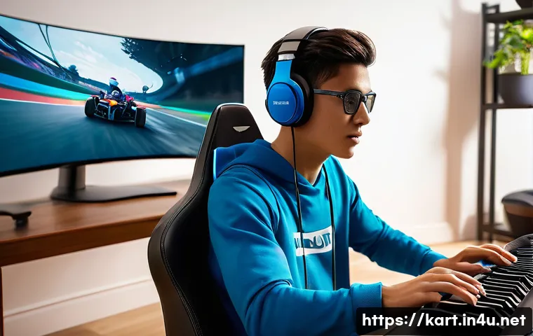 카트라이더 레이싱 팁 영상 - A focused young racer, fully clothed and wearing a gaming headset, sits in front of a large monitor,...