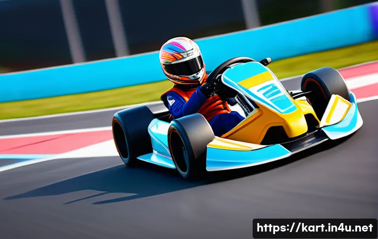 카트라이더 초보 유저 친화적 팁 - A vibrant, futuristic KartRider-style racing kart, sleek and colorful, performs a **short drift** th...